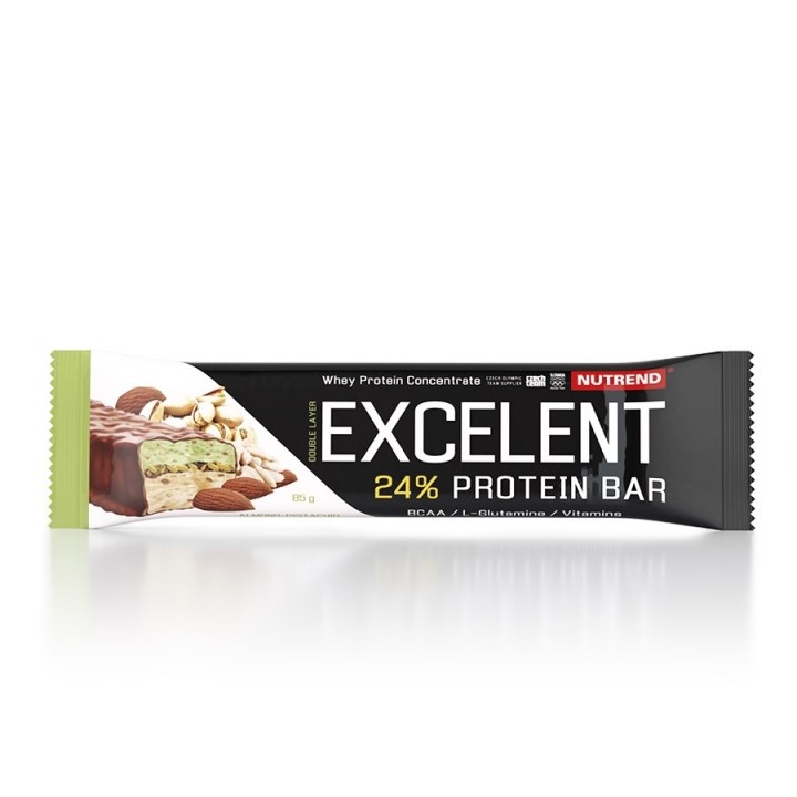 Nutrend EXCELENT kahekihiline proteiinibatoon 85 g, mandlimaitseline pistaatsiapähkeliga Nutrend EXCELENT kahekihiline proteiinibatoon 85 g, mandlimaitseline pistaatsiapähkeliga